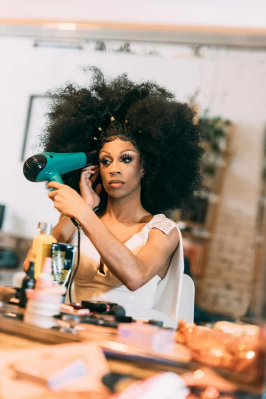 a woman blow drying her hair in front of a mirror, pexels contest winner, renaissance, afro tech, wedding, sitting in front of a microphone, elaborate long black hairstyle