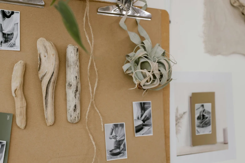 a cork board with a bunch of pictures on it, inspired by Sarah Lucas, trending on pexels, herbs hanging, detailed product image, topknot, silver accessories