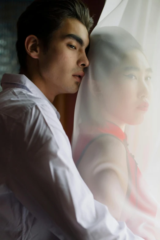 a man and a woman sitting next to each other, a portrait, inspired by Zheng Xie, unsplash, soft light from the window, portrait of modern darna, close up half body shot, slide show