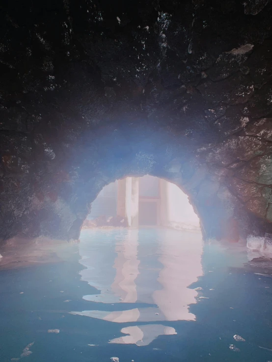 a reflection of a person in a pool of water, a detailed matte painting, inspired by Filip Hodas, video art, cave entrance, cinematic:0.9|unreal engine, massive arch, real engine 5 cinematic