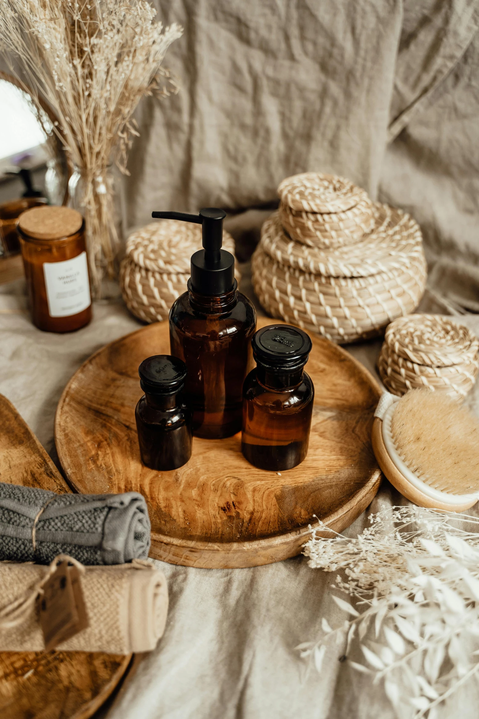 a wooden tray topped with bottles of essential oils, a still life, unsplash, soap, full body in shot, thumbnail, 4l