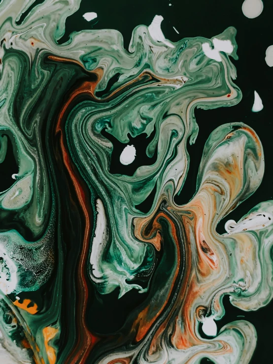 a close up of a painting on a black surface, an abstract painting, inspired by Art Green, trending on pexels, made of liquid, painted marble sculptures, symmetrical painting, green and brown color palette