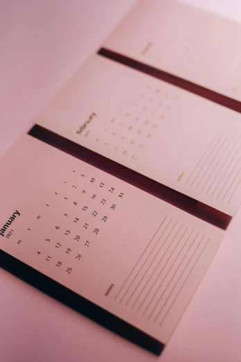 a close up of a calendar on a table, by Carey Morris, trending on unsplash, pink hue, multiple views, diecut, really long