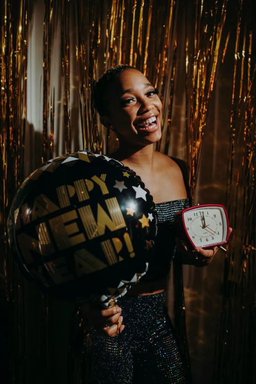 a woman holding a clock and a balloon, a polaroid photo, pexels contest winner, new years eve, african american young woman, photo booth, holding a gold bag