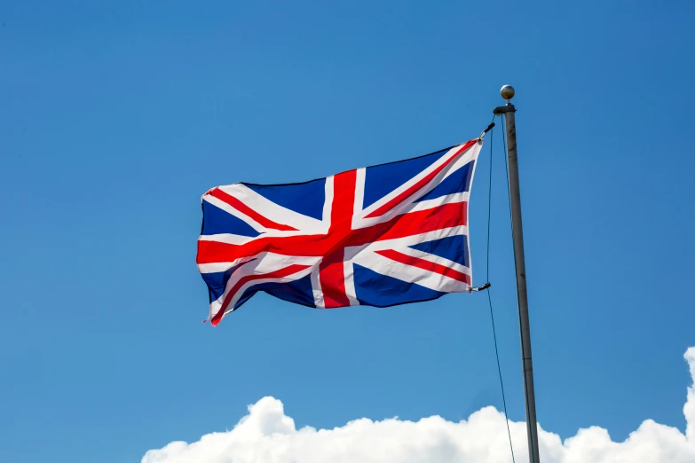 a british flag flying high in the sky, unsplash, visual art, 8k hd resolution”, high quality product image”