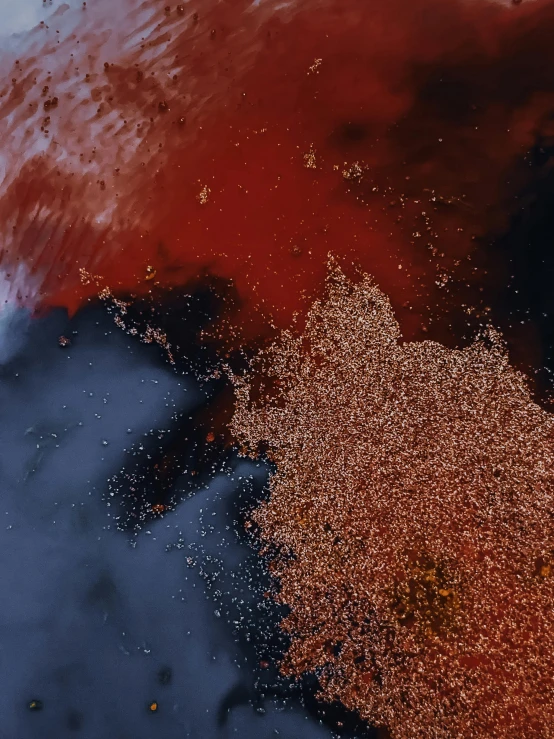 a close up of a fire hydrant with a red substance, a microscopic photo, inspired by Attila Meszlenyi, trending on unsplash, generative art, dutch angle from space view, oil on canvas 8 k, exploding powder, bloody ocean