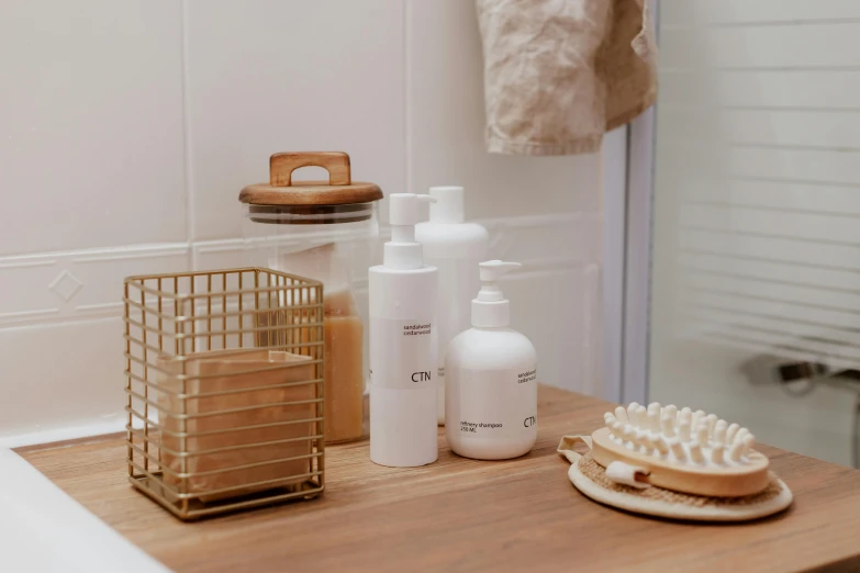 the bathroom is clean and ready to use, a still life, unsplash, process art, background image, standing on a shelf, ingredients on the table, thinning hair