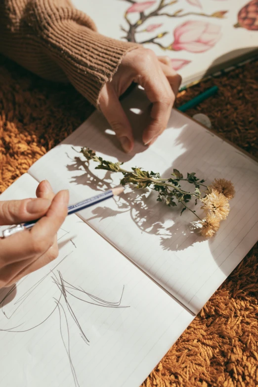 a woman is drawing flowers on a piece of paper, by Julia Pishtar, natural materials, plants and grass, dried plants, books and flowers