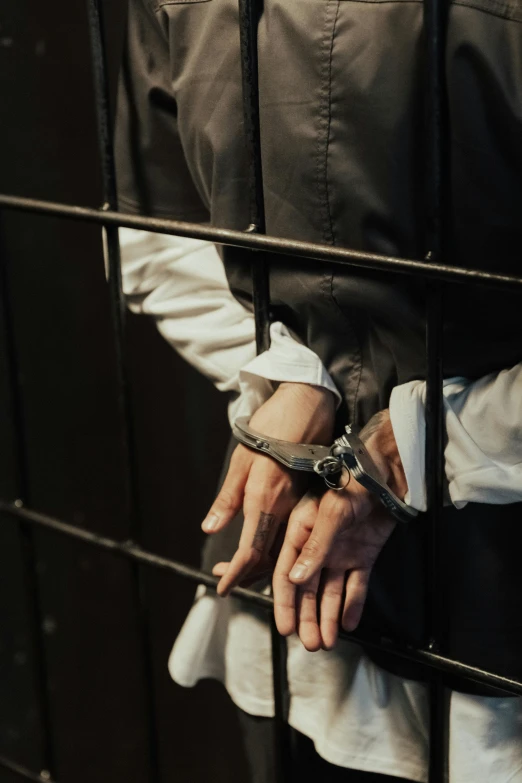 a man with his hands on the bars of a jail cell, trending on unsplash, renaissance, leather cuffs around wrists, 1 8 5 0 s, holding hands, ( ( theatrical ) )