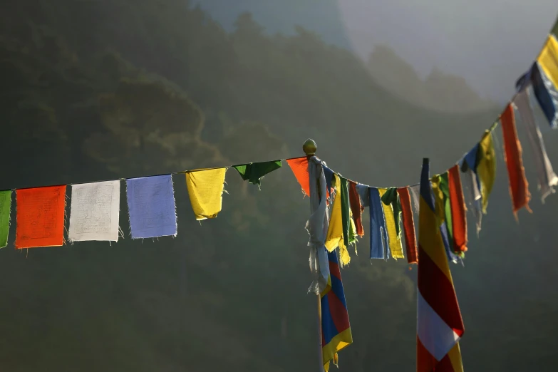 a bunch of colorful flags hanging from a line, unsplash, himalayas, avatar image, early morning light, instagram photo