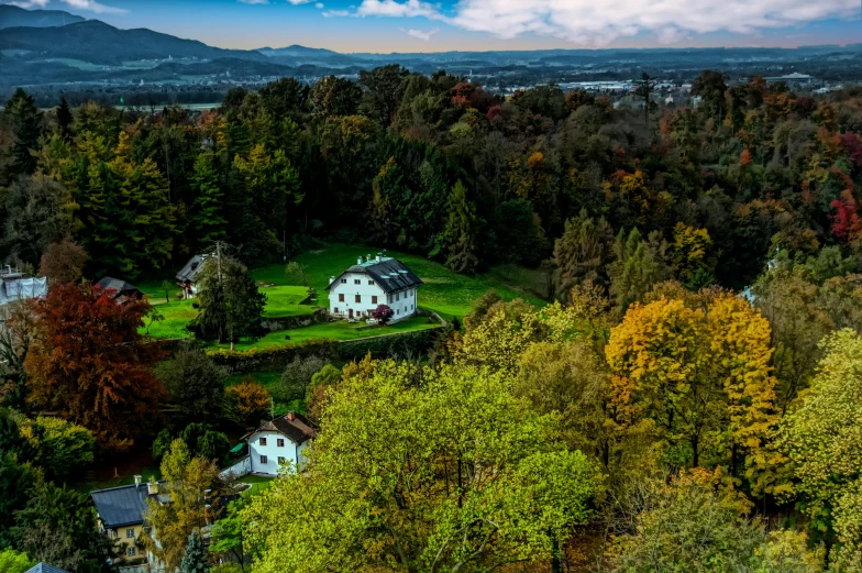 a large white house sitting on top of a lush green hillside, by Karl Stauffer-Bern, pexels contest winner, colorful autumn trees, photo of zurich, beautiful swedish forest view, mossy buildings