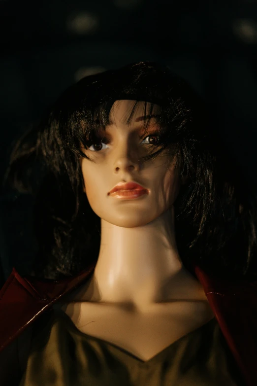 a close up of a mannequin head in a dark room, by David Donaldson, lara croft as spiderwoman, dante from devil may cry 2 0 0 1, super detailed image, medium close - up ( mcu )