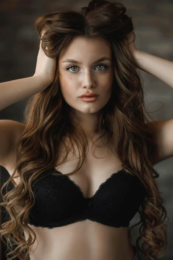 a woman in a black bra top posing for a picture, a portrait, pexels contest winner, renaissance, brown colored long hair, cute young woman, hair : long brown, 5 0 0 px models
