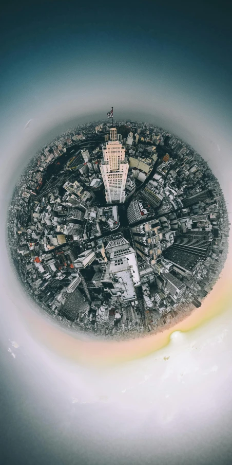 an aerial view of a city from a bird's eye view, a microscopic photo, inspired by Beeple, trending on unsplash, ((fish eye)), 3 6 0 panorama, looking up at camera, ilustration