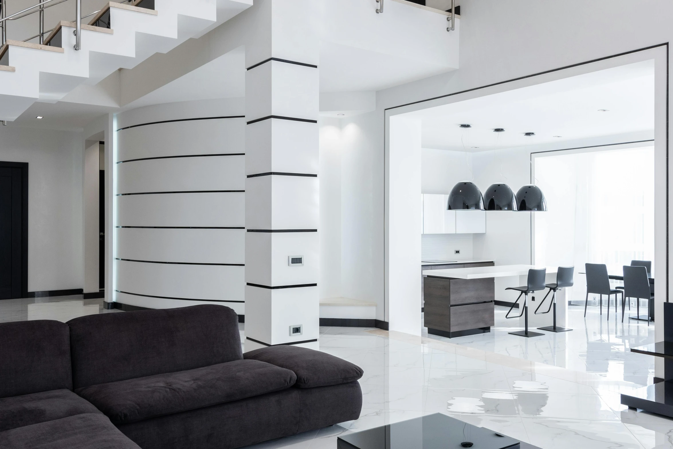 a living room filled with furniture and a flat screen tv, inspired by Bauhaus, pexels contest winner, light and space, marble white columns, interior of a loft, glossy white metal, white and black