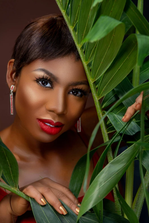 a woman in a red dress posing for a picture, an album cover, inspired by Chinwe Chukwuogo-Roy, trending on pexels, art nouveau, lush greenery, closeup headshot portrait, brown skin. light makeup, portrait shot 8 k