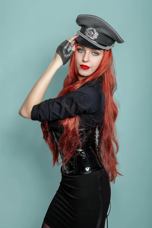a woman with long red hair wearing a police hat, inspired by Julia Pishtar, glam metal hair, anigirl batman, high quality photo, twitch streamer / gamer ludwig
