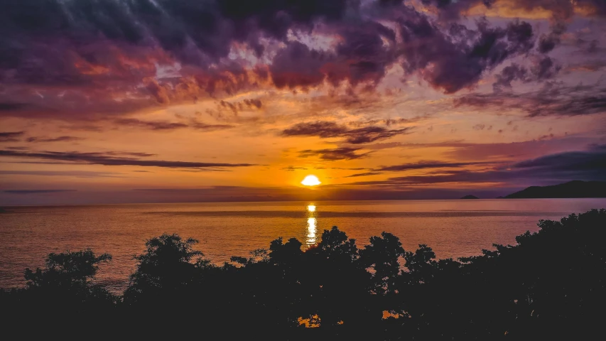 a sunset over a body of water with trees in the foreground, by Robbie Trevino, pexels contest winner, jamaica, overlooking the ocean, thumbnail, purple orange colors