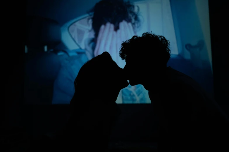 a man and a woman kissing in front of a screen, inspired by Nan Goldin, pexels contest winner, video art, dogs, detailed silhouette, in a cinema, puppies