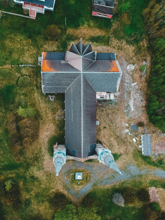 a bird's eye view of a house in the woods, by Jacob Burck, pexels contest winner, renaissance, destroyed church, symmetrical image, new england architecture, panorama view