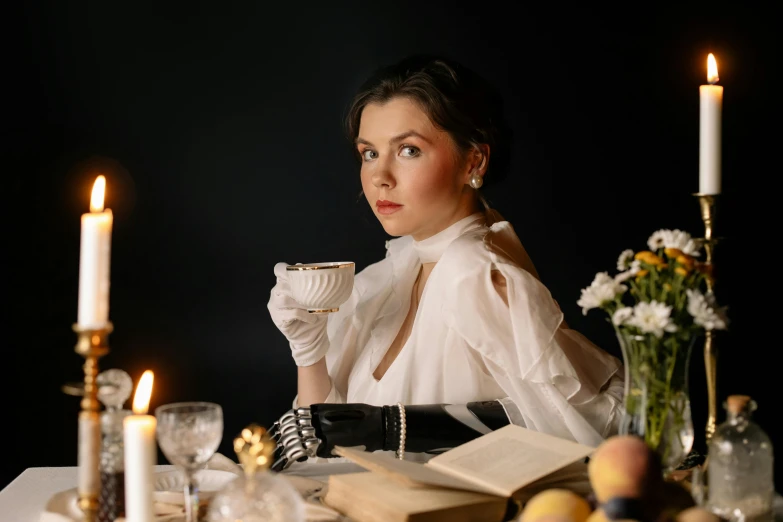a woman sitting at a table with a cup of coffee, a portrait, inspired by Vasily Perov, pexels contest winner, renaissance, victorian style costume, white, scene from a dinner party, inspired victorian sci - fi