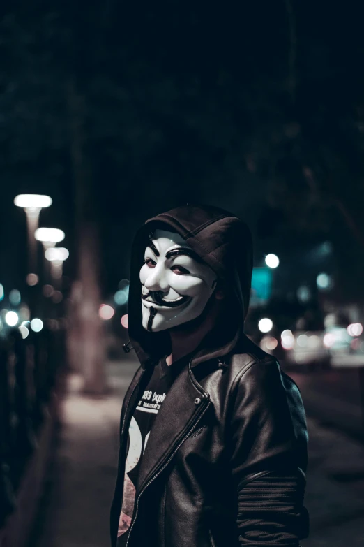 a person wearing a mask standing on a sidewalk, trending on pexels, antipodeans, reaper from overwatch, vantablack gi, crypto, profile image