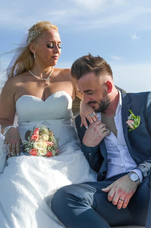 a man and a woman sitting next to each other on a boat, a photo, by Alexander Fedosav, pexels contest winner, romanticism, hands hidden under the bouquet, concerned expression, blue sky, elaborate hair worn up