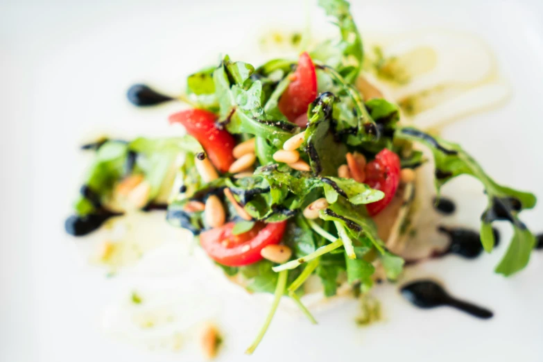 a close up of a plate of food on a table, by Daniel Lieske, pexels, mozzarella, salad, charred, on white