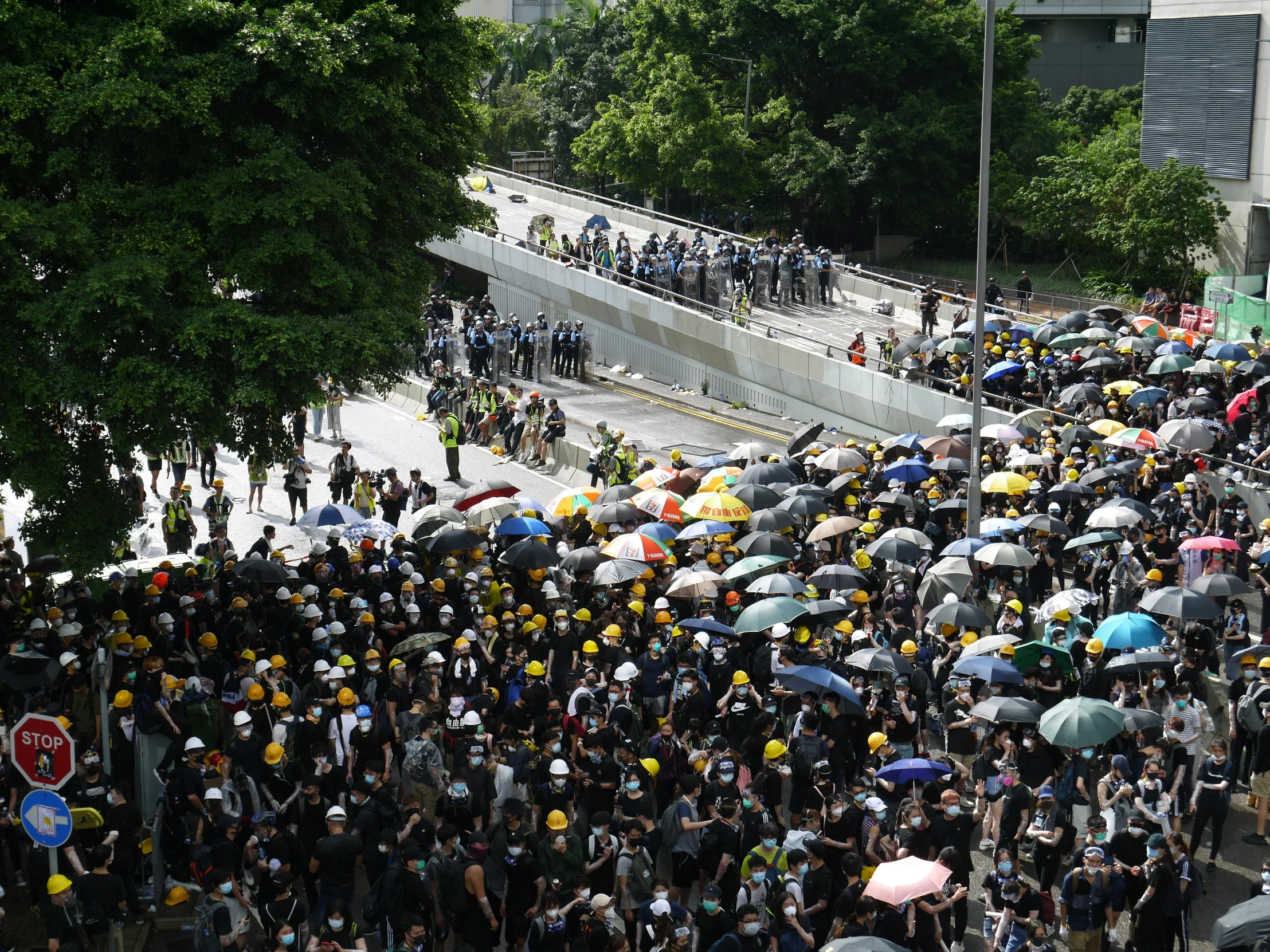 a large group of people with umbrellas on a street, yellow helmet, tear gas, hedges, kakar cheung