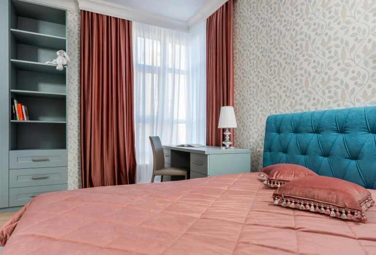 a bed room with a neatly made bed and a desk, by Alexander Fedosav, pexels contest winner, art nouveau, teal silver red, elegant fabric, luxury condo interior, pink scheme