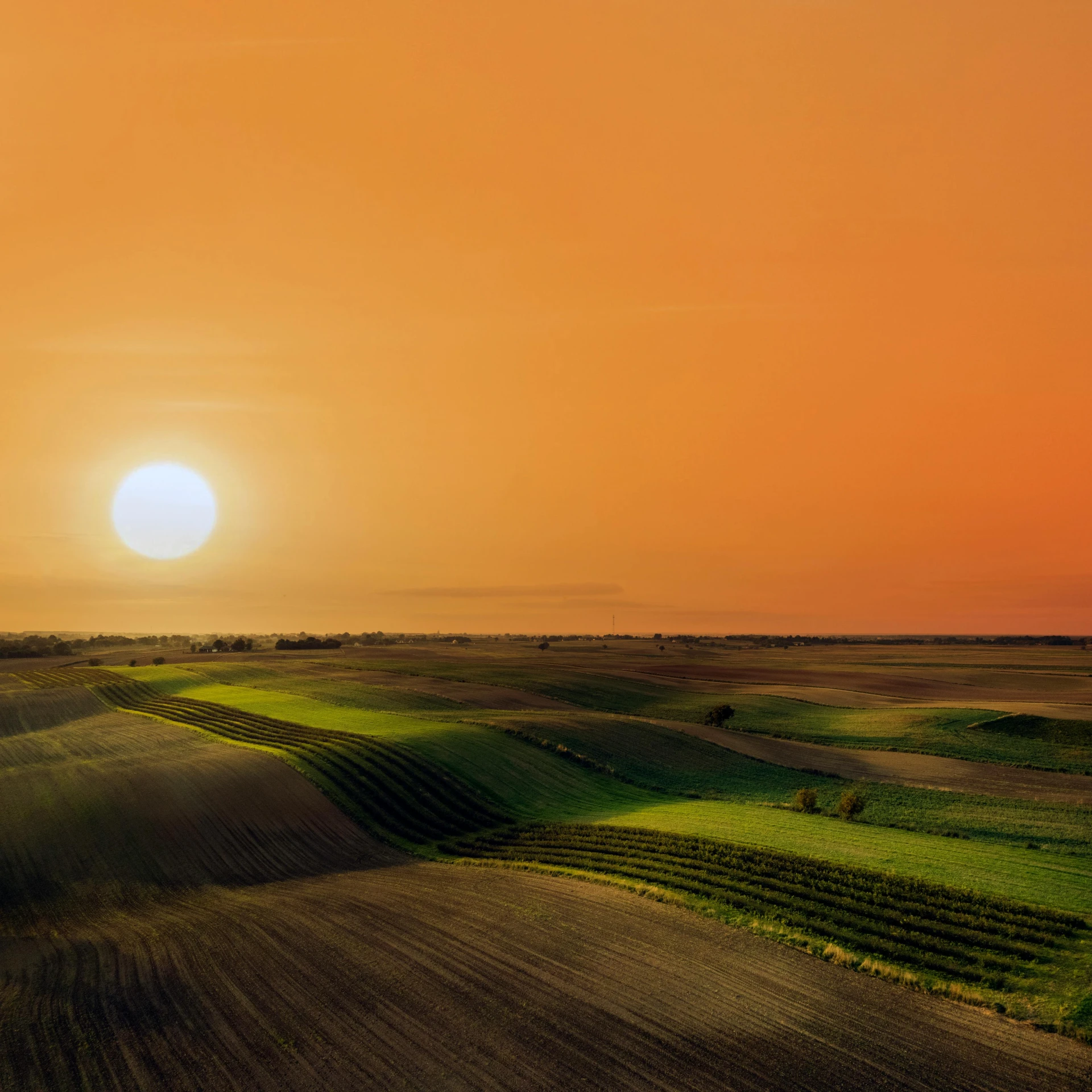 the sun is setting over a field of crops, by Adam Marczyński, pexels contest winner, land art, far view, iowa, high quality image, profile picture 1024px