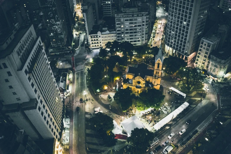 an aerial view of a city at night, unsplash contest winner, são paulo, photographic isometric cathedral, historical photo, sydney