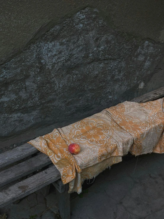 an apple sitting on top of a wooden bench, by Elsa Bleda, arte povera, brocade robes, lie on a golden stone, an abandoned, grey orange