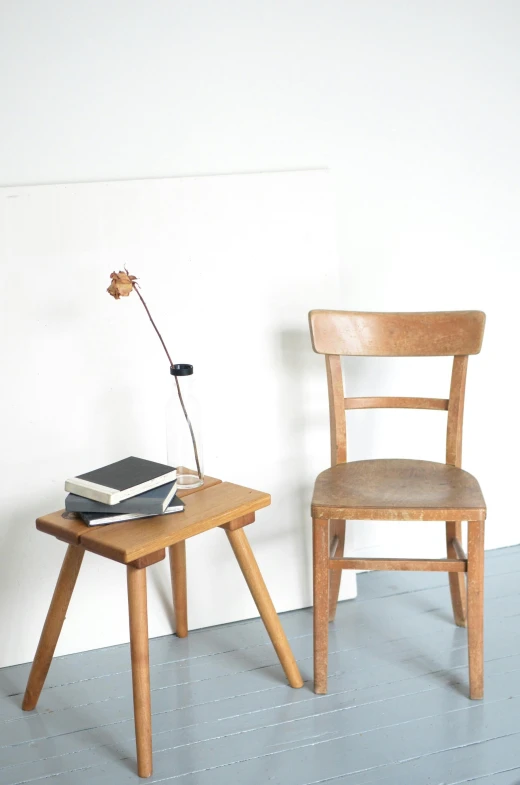a wooden chair sitting next to a wooden table, by Ruth Collet, experimental studio light, poppy, standing in class, restored