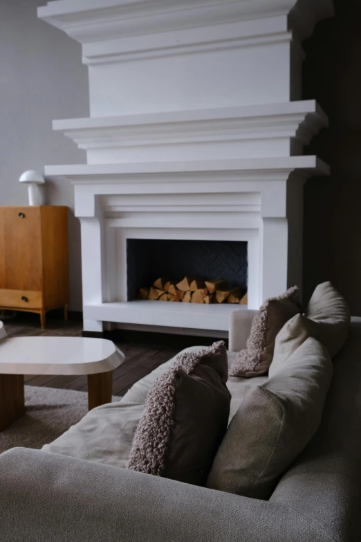 a living room filled with furniture and a fire place, featured on reddit, white ceramic shapes, up close, classicism, woodfired