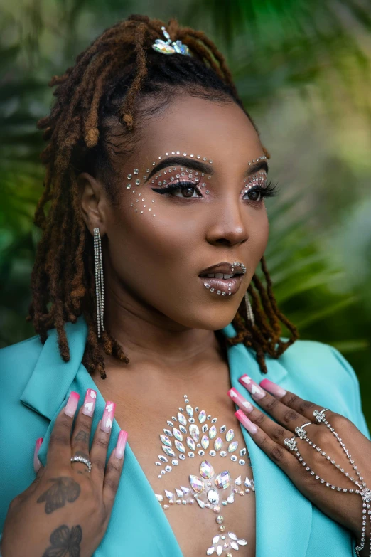 a woman with dreadlocks is posing for a picture, an album cover, trending on pexels, afrofuturism, covered in jewels, lush surroundings, with professional makeup, beautiful stella maeve magician