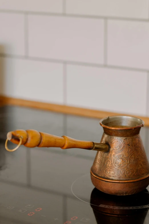 a metal pot sitting on top of a stove top, inspired by Jan Kupecký, hurufiyya, long neck, detailed product image, wooden, copper details