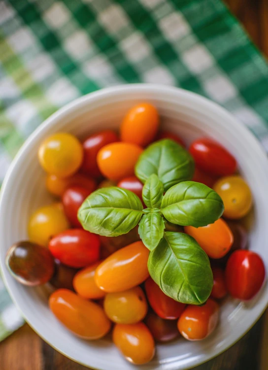 a bowl of cherry tomatoes and basil leaves, by Nicholas Marsicano, pexels, 2 5 6 x 2 5 6 pixels, multi colored, dessert, thumbnail