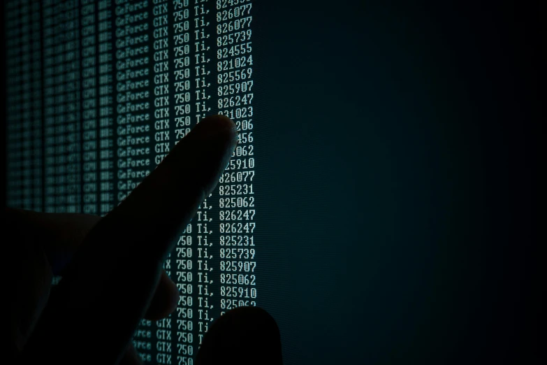 a person touching a computer screen with numbers on it, a digital rendering, by Carey Morris, unsplash, ascii art, vertical wallpaper, 15081959 21121991 01012000 4k, modeled, pointing
