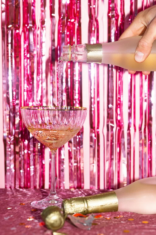 a woman is pouring champagne into a glass, by Julia Pishtar, pink scheme, background bar, uncropped, decorations