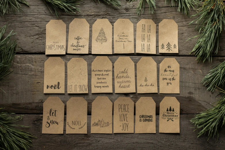 a bunch of tags sitting on top of a wooden table, - 12p, organic ornaments, cardboard, etched inscriptions