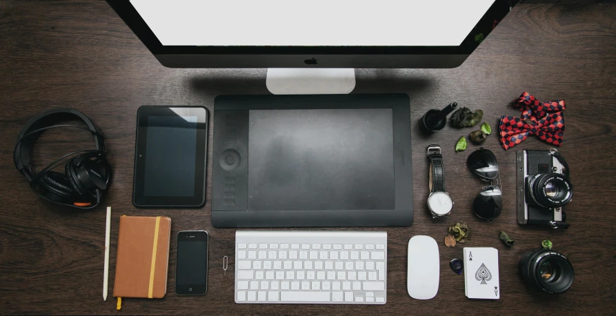 a desktop computer sitting on top of a wooden desk, trending on unsplash, knolling, 9 9 designs, rectangle, various posed