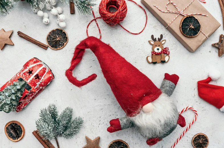 a close up of a christmas decoration on a table, by Elaine Hamilton, trending on pexels, relaxed dwarf with white hair, flatlay, felt, detailed product image