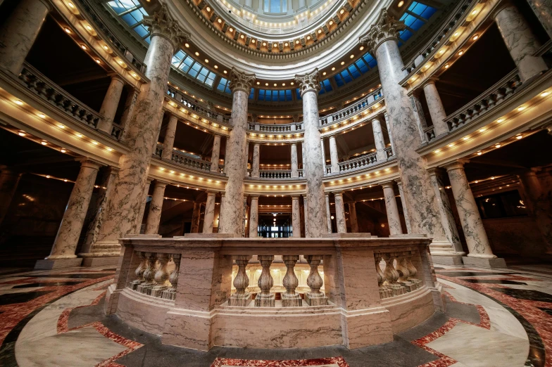 the inside of a building with columns and a dome, all marble, lynn skordal, multiple stories, thumbnail