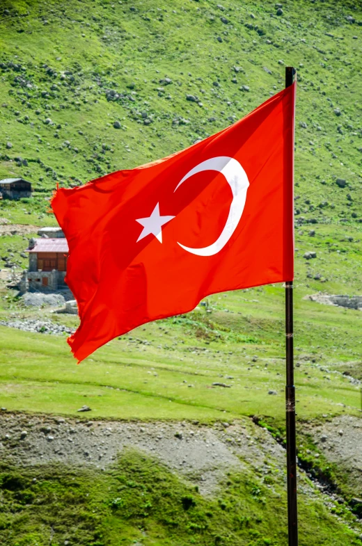 a red flag flying on top of a lush green hillside, hurufiyya, square, turkish and russian, slide show, no crop