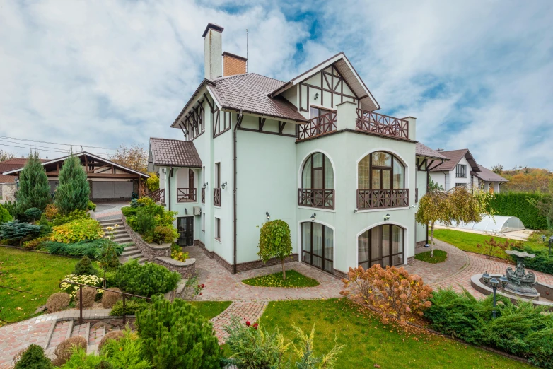 a large white house sitting on top of a lush green field, a portrait, by Zofia Stryjenska, unsplash, art nouveau, suburban home, фото девушка курит, 3 ds max + vray, high elevation