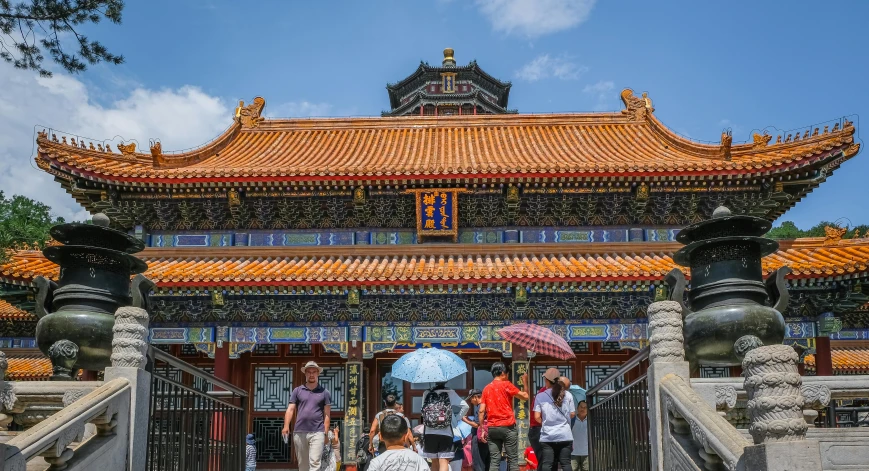 a group of people standing in front of a building, by Reuben Tam, pexels contest winner, cloisonnism, chinese temple, 2 5 6 x 2 5 6 pixels, orange roof, preserved historical