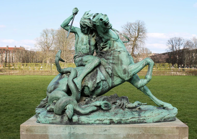 a statue of a man riding on the back of a horse, a statue, by Villard de Honnecourt, visual art, fierce medusa, 🚿🗝📝, mystical kew gardens, figures fighting in the distance