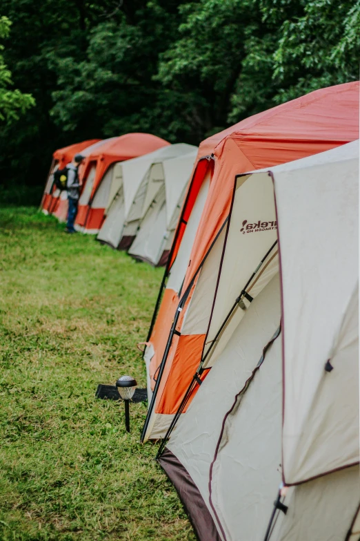 a row of tents sitting on top of a lush green field, rust, adventure gear, orange, tournament