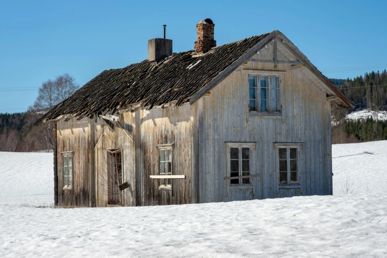 an old wooden house sitting in the middle of a snow covered field, a portrait, inspired by Einar Hakonarson, pexels contest winner, renaissance, white, exterior, background image, spring winter nature melted snow